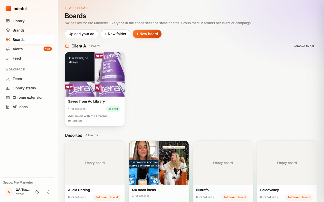 adintel Boards page with a client folder and boards for followed brands